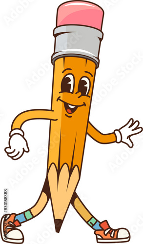 Cartoon groovy school pencil character. Isolated vector cheerful stationery with sneakers and expressive eyes, walking with expression of excitement. Educational and playful retro personage for kids