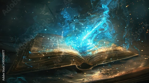 magical energy emanating from an open antique book fantasy concept digital illustration