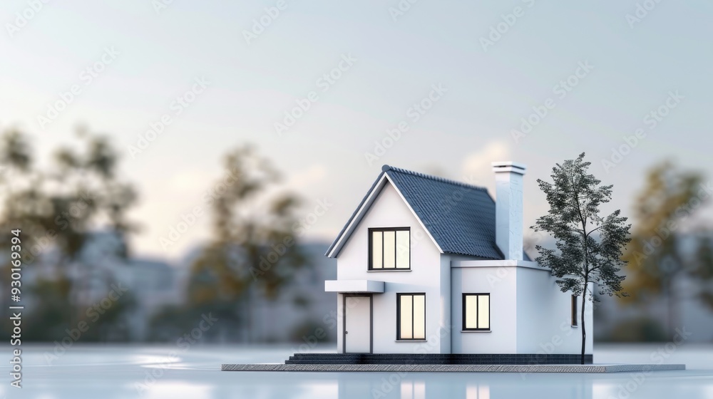 Real estate residential banner with a close up isolate home model photo on blurred forest scenery background with space for text, images and digital marketing materials.