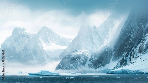 majestic arctic landscape with towering icebergs and snowcovered rocks jutting from a steely blue sea ethereal mist and soft lighting create a sense of otherworldly beauty and isolation