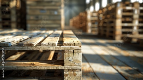 Detailed view of wooden pallets and boxes (close up, warehousing efficiency, realistic, Silhouette, Storage facility)