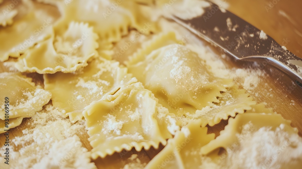 Freshly made ravioli dusted with flour.