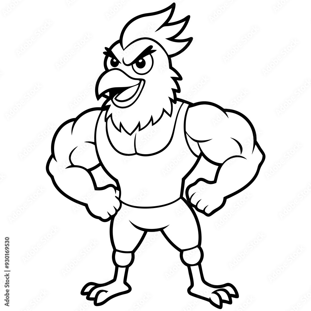 A ferocious angry chicken athlete posing line art vector illustration