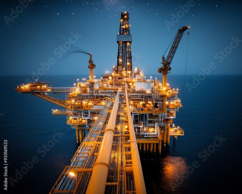 Aerial view of a modern oil rig illuminated at night in the ocean, showcasing advanced technology and marine engineering. photo