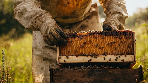 Close up of hands of Senior Bee Keeper visiting Beehive on the farm. He is dressed in bee keeper protective suit. Meadow exterior of rural farm in Texas, USA