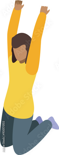 Young woman jumping in the air, celebrating success with her arms raised