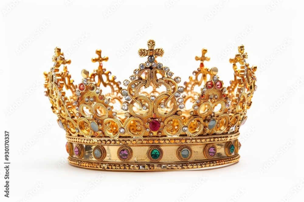 majestic golden crown adorned with intricate details and precious gems symbolizing royalty power and luxury isolated on white background majestic golden crown adorned with intricate details and precious gems symbolizing royalty power and luxury isolated on white background
