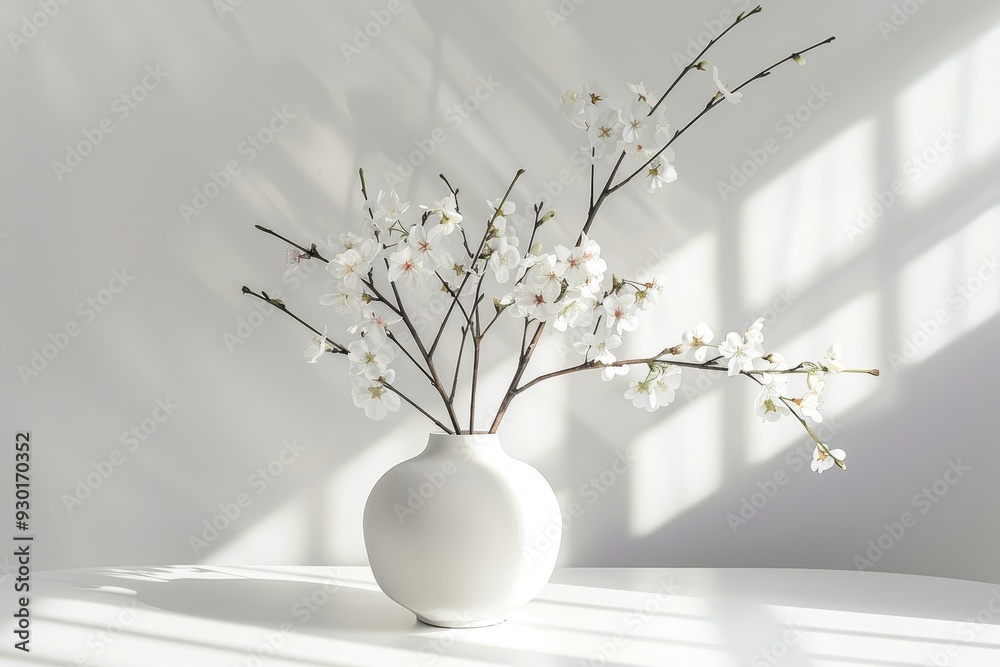 A delicate arrangement of cherry blossom branches in a minimalist white vase, set on a clean, white table. A delicate arrangement of cherry blossom branches in a minimalist white vase, set on a clean, white table.