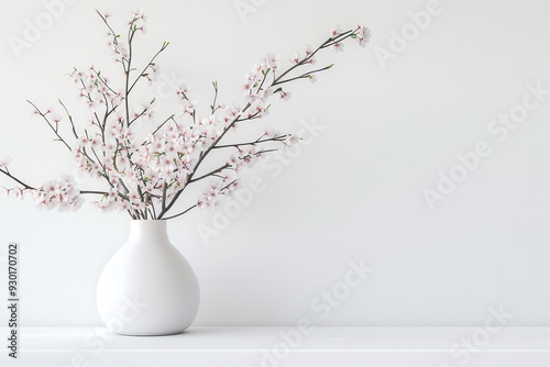 A delicate arrangement of cherry blossom branches in a minimalist white vase, set on a clean, white table.