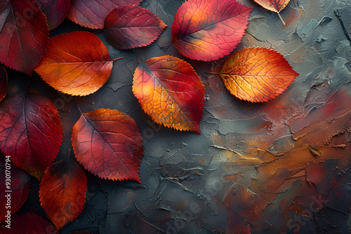 Vibrant red and yellow fallen leaves arranged on a dark, textured surface