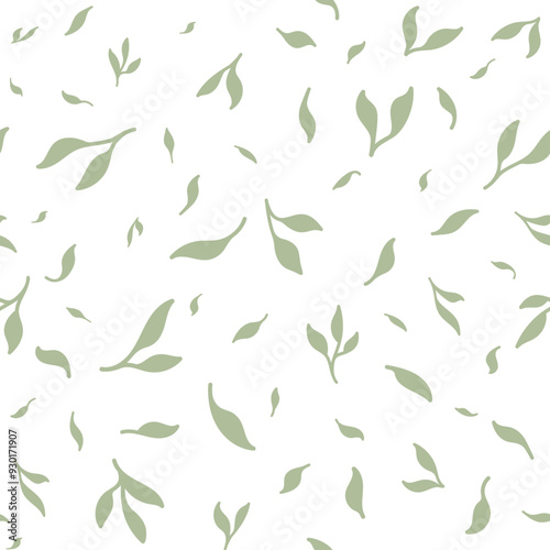 Seamless pattern cute small leaves of green color. Simple floral silhouette for natural eco design print, background, wallpaper, cloth, textile sil and cotton, decor. Vector illustration