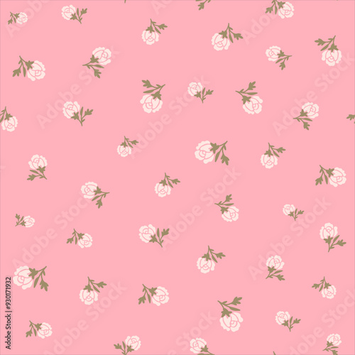 Beautiful cute small pink rose flowers and green leaves, simple vintage ditsy romantic style. Seamless pattern for textile, fashion fabric print girl and woman dress, home decor, design