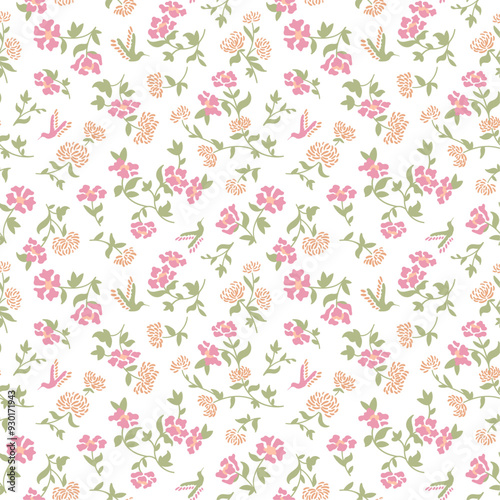Seamless pattern of floral and oriental style, small cute pink flowers and leaves with colibri bird, creative print for fabric print, home textile, woman and girl dress. Vector Illustration