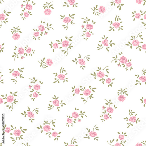 Cute small roses flowers and leaves simple vintage ditsy style of pink and green colors. Seamless pattern for textile, fashion fabric print for girl baby and woman dress, home decor, floral design