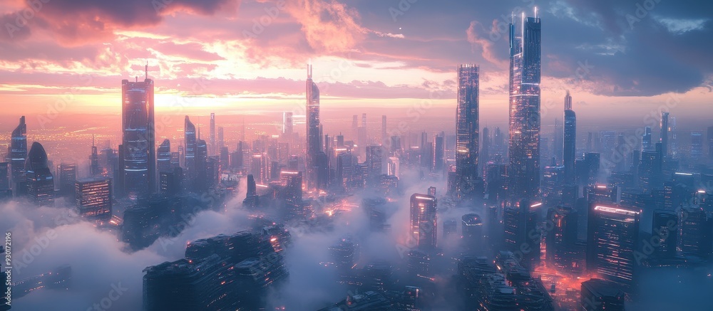 Futuristic Cityscape at Sunrise with Skyscrapers and Clouds in a Modern Urban Environment