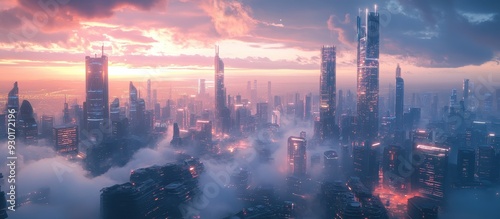 Futuristic Cityscape at Sunrise with Skyscrapers and Clouds in a Modern Urban Environment