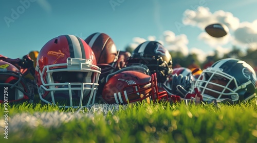 Professional football gear and equipment set laid out on grassy field, including helmet, shoulder pads, cleats, and football for game day preparation and sports training


 photo