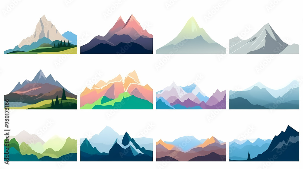 Mountain landscape vector illustration set, collection of mountains in flat design style Mountain landscape vector illustration set, collection of mountains in flat design style