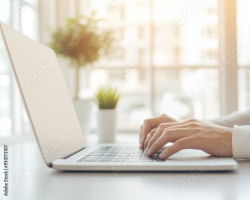 Close-up of hands typing on a laptop keyboard in a modern office setting. Sunlight streams in through the window.