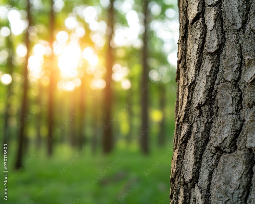 Fototapeta premium Close-up of tree bark with a soft focus forest background illuminated by warm sunlight, creating a serene nature atmosphere.