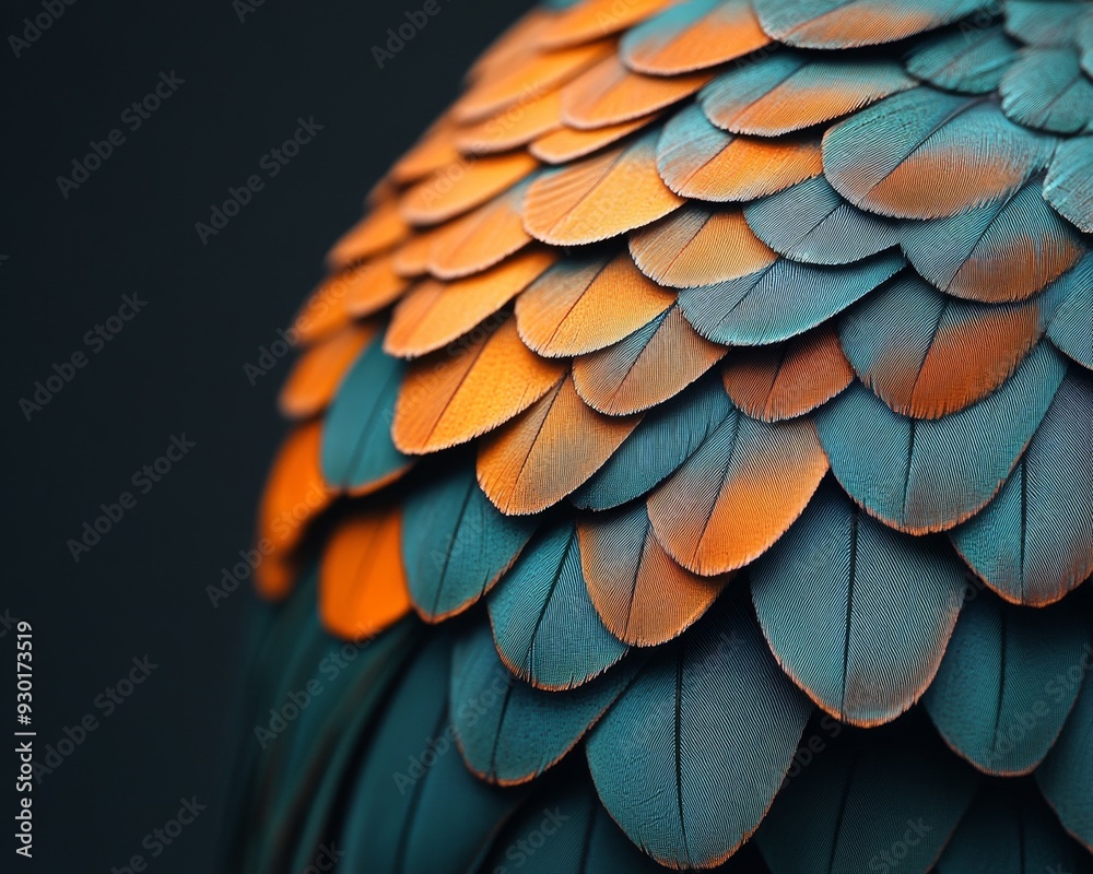 Obraz premium Close-up of vibrant blue and orange feathers overlapping in a textured pattern.