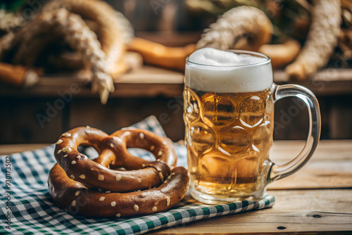 Oktoberfest concept, banner, foamy beer mug and mouthwatering pretzels on a wooden pub table, bavarian folk festival