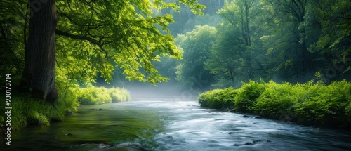  A river flowing through a verdant forest, teeming with numerous green trees and lush bushes on its banks