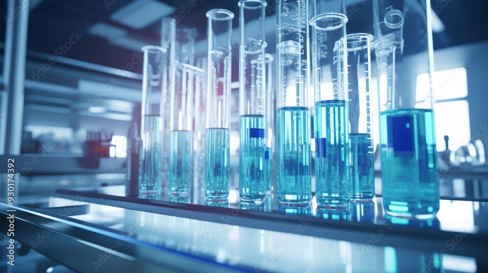 Many test tubes in modern laboratory interior in light blue colors. Neural network ai generated art Many test tubes in modern laboratory interior in light blue colors. Neural network ai generated art