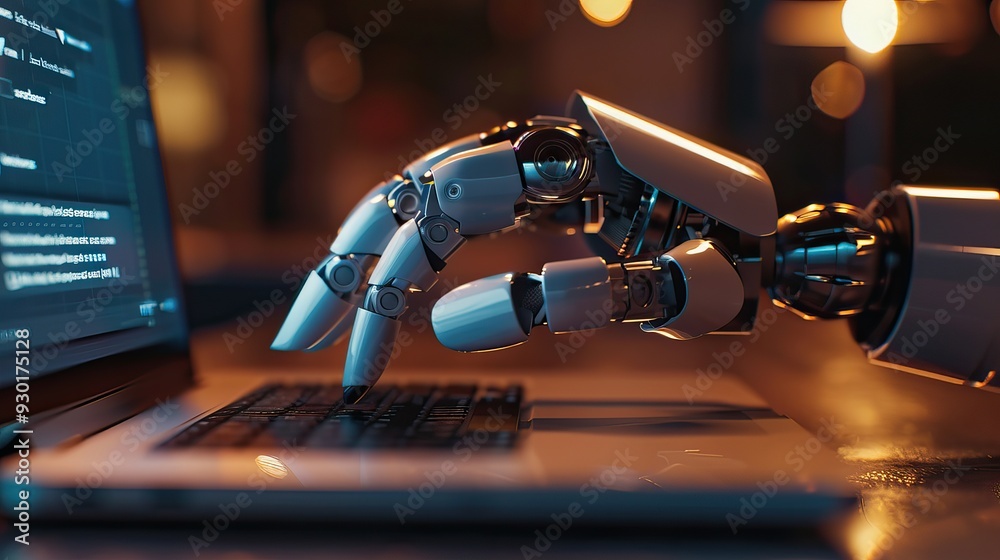 Obraz premium AI robot hand using laptop