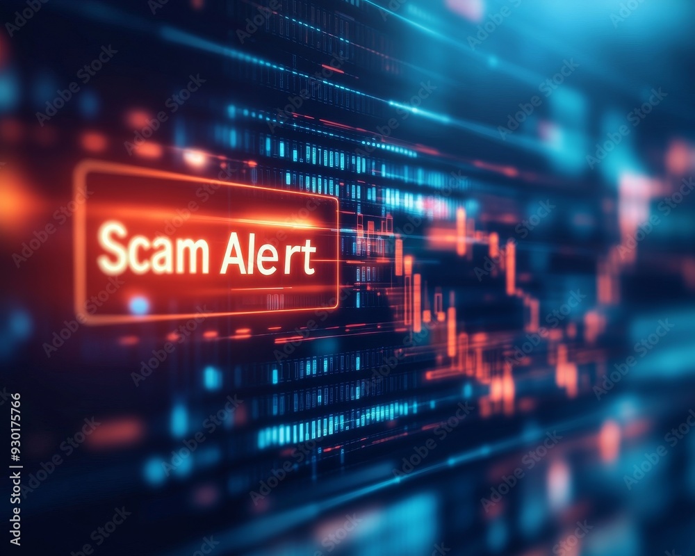 Digital representation of a scam alert, featuring vibrant data lines and alerts highlighting the importance of cybersecurity awareness. Digital representation of a scam alert, featuring vibrant data lines and alerts highlighting the importance of cybersecurity awareness.