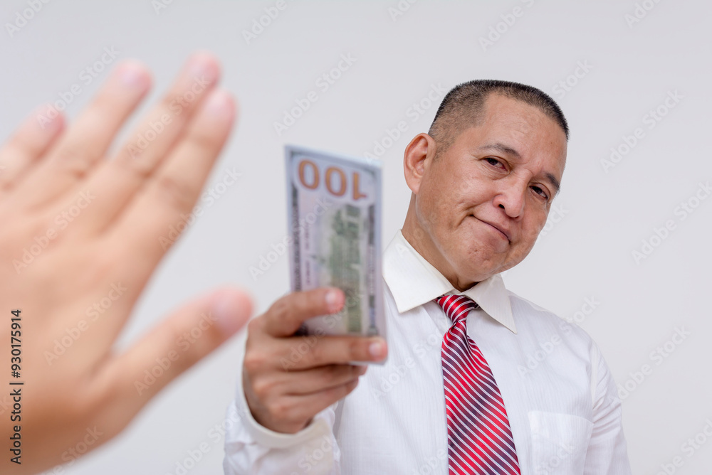An anonymous man refuses to accept money from a businessman who is ticked off and annoyed at being rejected. Isolated on a white background. An anonymous man refuses to accept money from a businessman who is ticked off and annoyed at being rejected. Isolated on a white background.