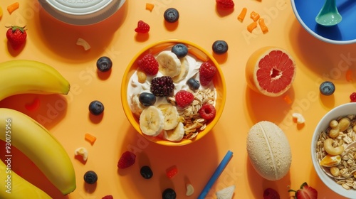 Healthy snack selection with sports equipment on vibrant orange background: nutritious energy boost for active lifestyles featuring fresh fruit and protein-rich snacks


 photo