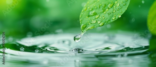 a green leaf embedded, encircled by smaller drops at its base