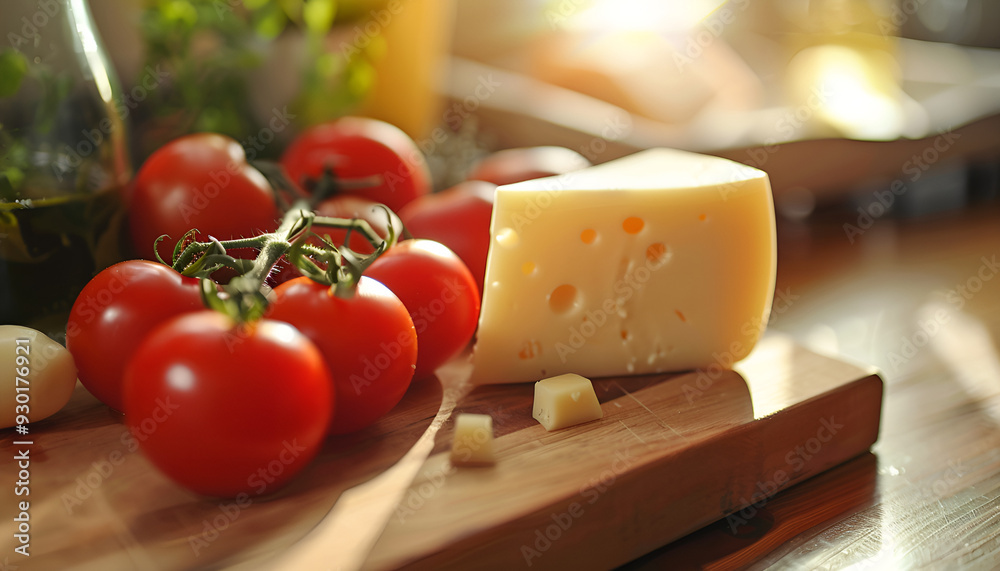 cheese and tomatoes on wooden desk close-up cheese and tomatoes on wooden desk close-up