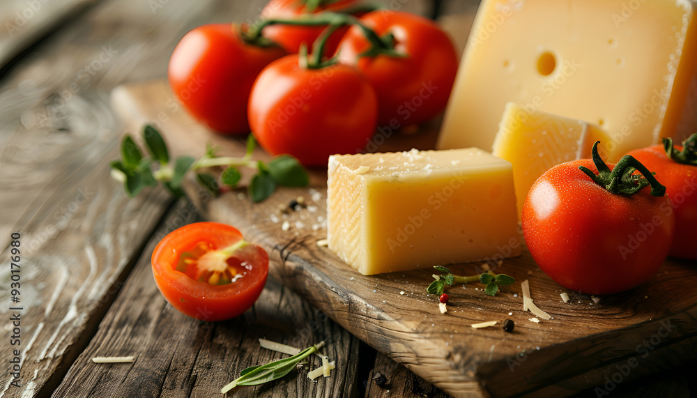 cheese and tomatoes on wooden desk close-up