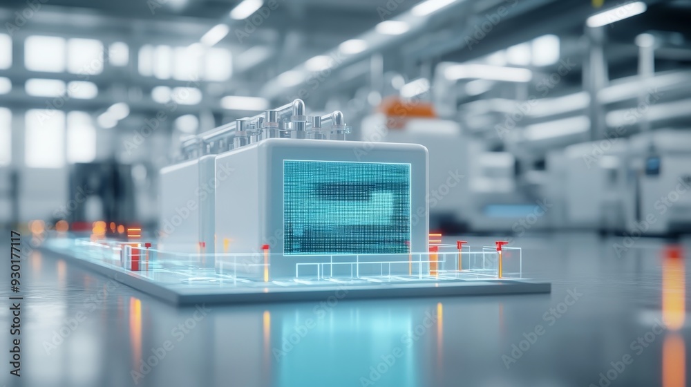 Fototapeta premium Futuristic industrial building with glowing elements and a sleek design, showcasing modern architecture in a bright factory setting.