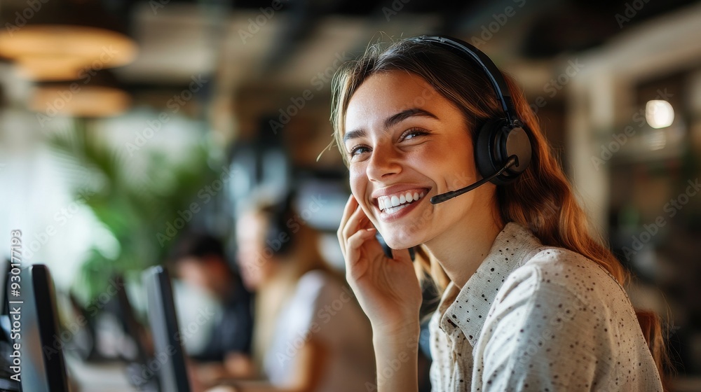 A cheerful woman wearing a headset engages with customers at a call center in a lively office environment A cheerful woman wearing a headset engages with customers at a call center in a lively office environment
