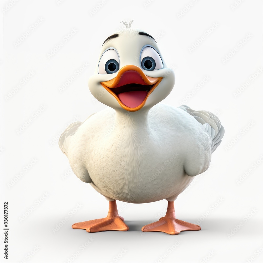 A cheerful animated white duck with big eyes and a joyful expression standing against a plain background, radiating happiness in a playful moment A cheerful animated white duck with big eyes and a joyful expression standing against a plain background, radiating happiness in a playful moment