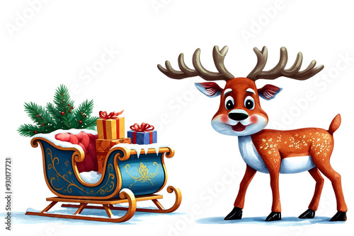 A nostalgic sleigh filled with christmas gifts and a cute reindeer on white background with space for text