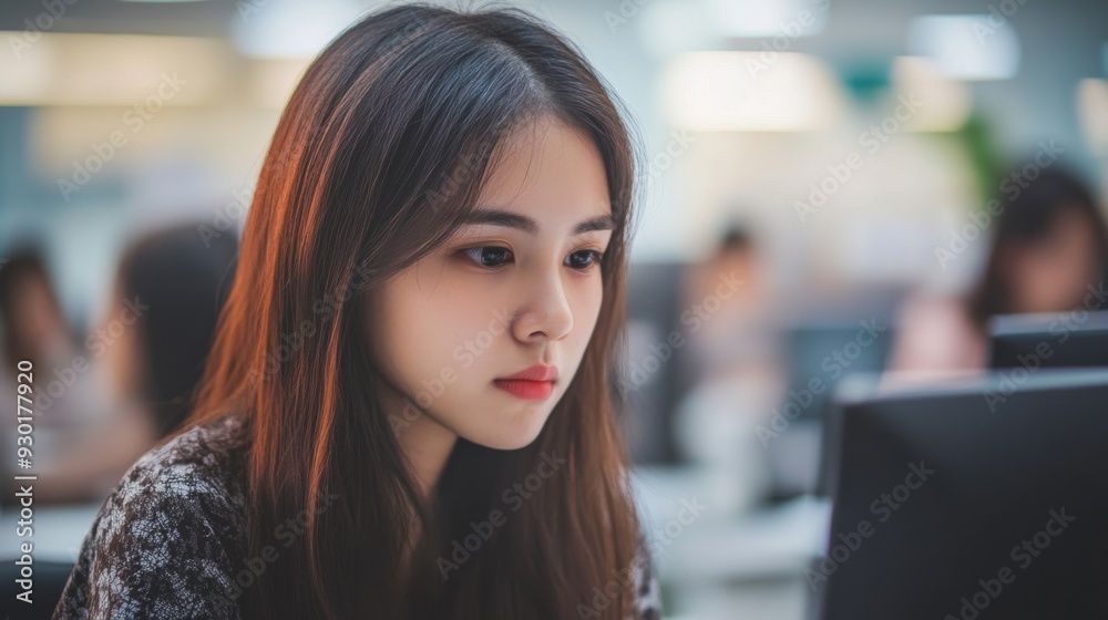 A woman focuses intently on her computer screen in a vibrant office setting filled with people working A woman focuses intently on her computer screen in a vibrant office setting filled with people working