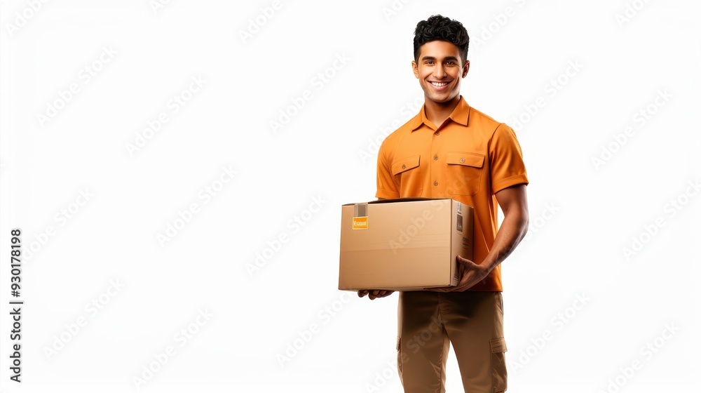 A cheerful delivery person in a tan uniform and cap holds a small box against a light background in a bright studio A cheerful delivery person in a tan uniform and cap holds a small box against a light background in a bright studio