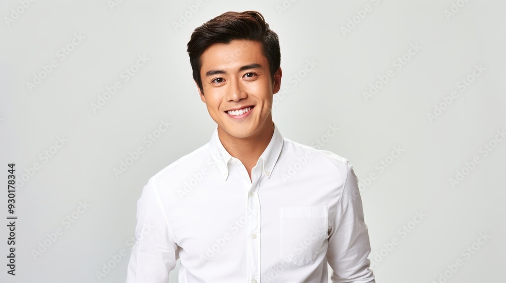 A cheerful man in a light shirt smiles confidently in a bright, minimalist office space during a sunny day A cheerful man in a light shirt smiles confidently in a bright, minimalist office space during a sunny day