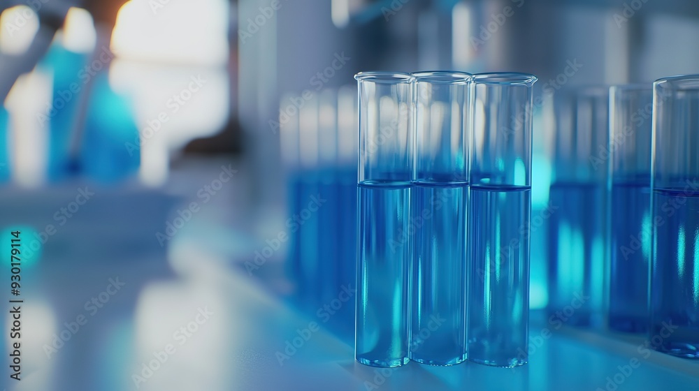 Close-up of Blue Liquids in Test Tubes on a Laboratory Shelf, Scientific Research and Chemical Analysis Concept with Copy Space for Text. Close-up of Blue Liquids in Test Tubes on a Laboratory Shelf, Scientific Research and Chemical Analysis Concept with Copy Space for Text.