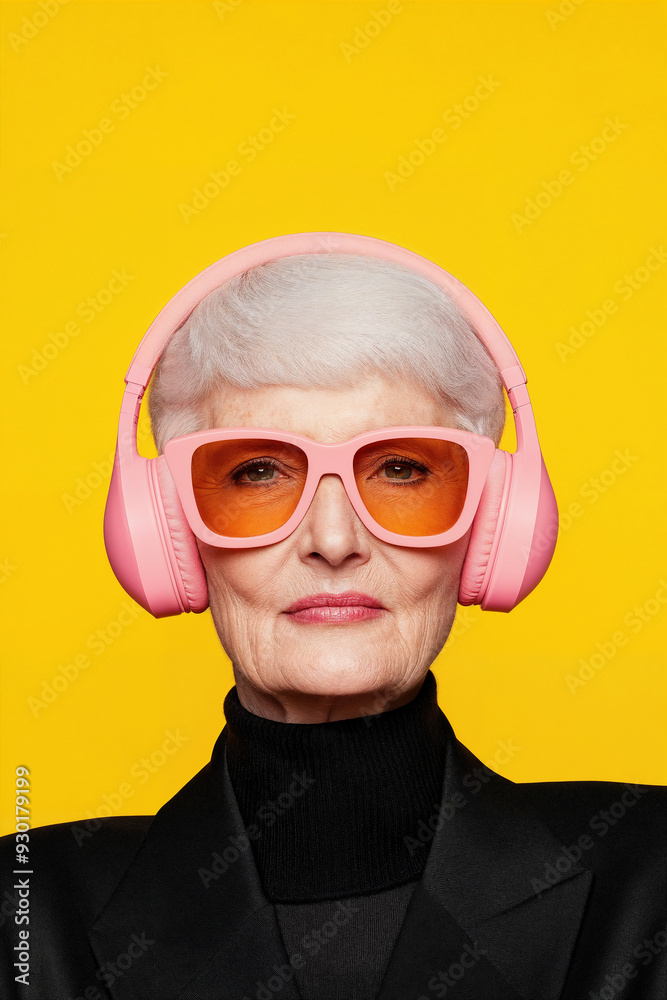 A studio portrait of an elderly woman with white hair, wearing pink sunglasses and headphones on her head, against a yellow background. A studio portrait of an elderly woman with white hair, wearing pink sunglasses and headphones on her head, against a yellow background.