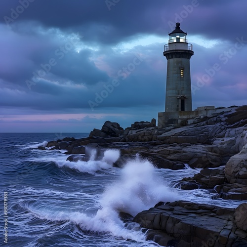 A lone lighthouse is standing tall on a rocky coastline, with waves crashing against the rocks at dusk.