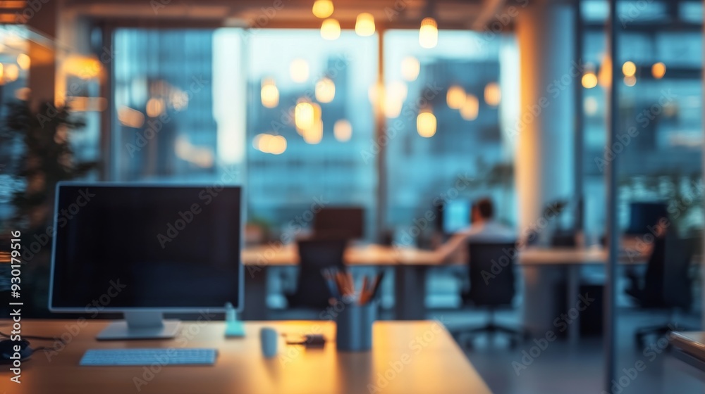 Soft lighting enhances a modern office atmosphere where employees collaborate while working at their desks during twilight hours Soft lighting enhances a modern office atmosphere where employees collaborate while working at their desks during twilight hours