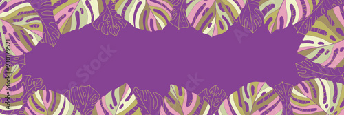 vibrant colorful monstera leaf tropical banner social media header border frame sign presentation template graphic design art vector outline collage purple background texture leaves title horizontal 