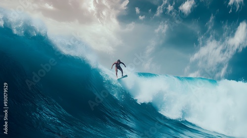 A surfer rides a large wave under a cloudy sky.