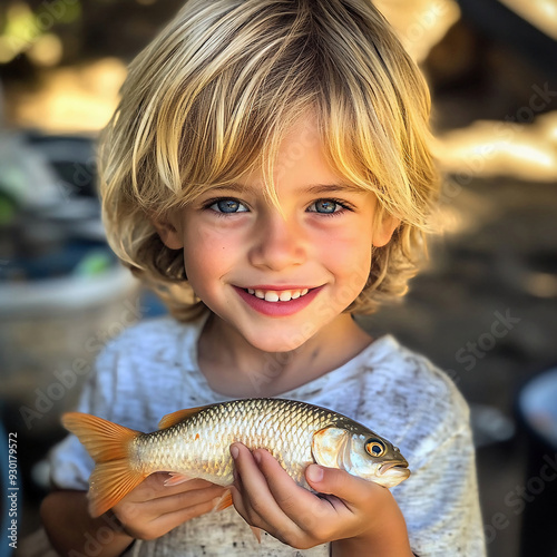 portrait of a little boy with a fish