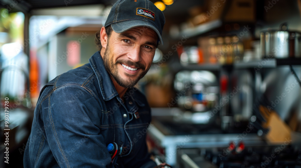 A handsome man in a uniform works with plumbing against the background of a modern kitchen. Handyman concept. Lifestyle. A handsome man in a uniform works with plumbing against the background of a modern kitchen. Handyman concept. Lifestyle.